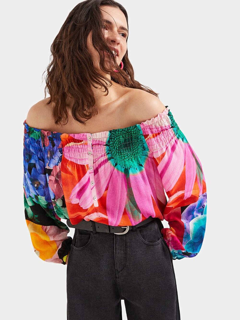 DESIGUAL by Christian Lacroix Travis Floral Viscose Off Shoulder Blouse, Size L